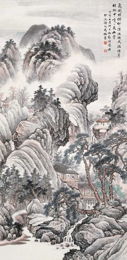 马骀 高阁清话图 轴